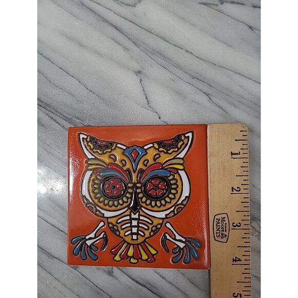 Earthtones Day of the Dead Owl Tile Trivet Hand Glazed Ceramic Art Decor 4.25" - Picture 5 of 6